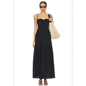 L Space Mallorca Black Smocked Sweetheart Neck Maxi Dress M